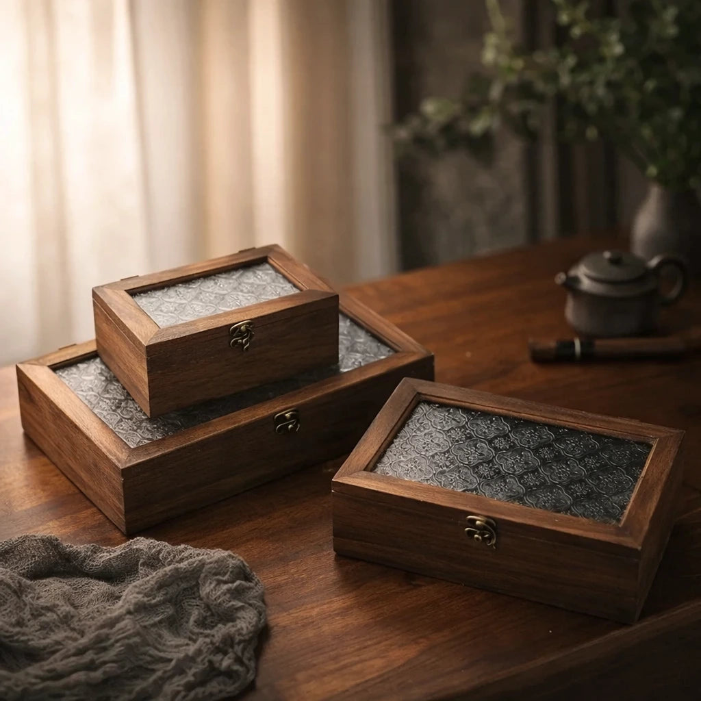 Homilly Vintage Wooden Storage Box – Nordic Glass Lid Organizer