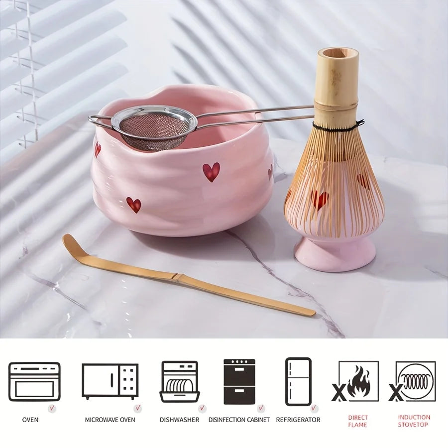 Pink Heart Matcha Set – 5-Piece Ceramic Matcha Bowl & Bamboo Accessories