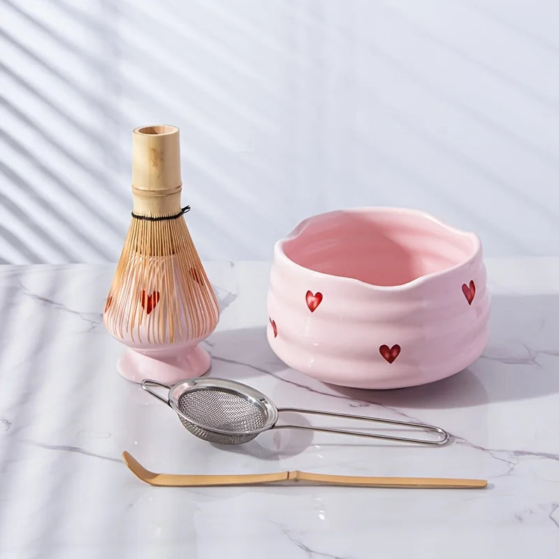Pink Heart Matcha Set – 5-Piece Ceramic Matcha Bowl & Bamboo Accessories
