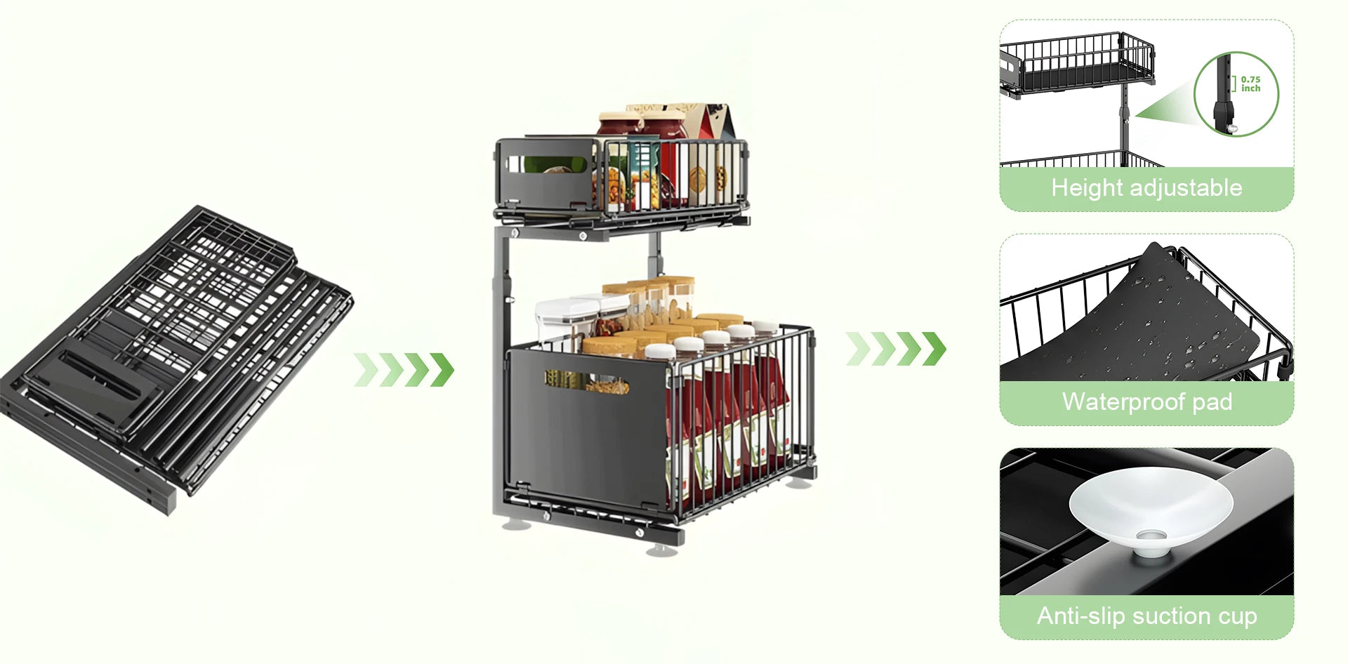 2-Tier Pull-Out Cabinet Organizer – Adjustable Under Sink Storage Rack