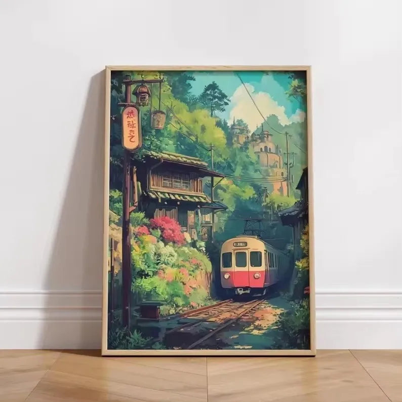 Retro Japanese Landscape Canvas Print – Asian Railway Wall Art for Modern Home Décor