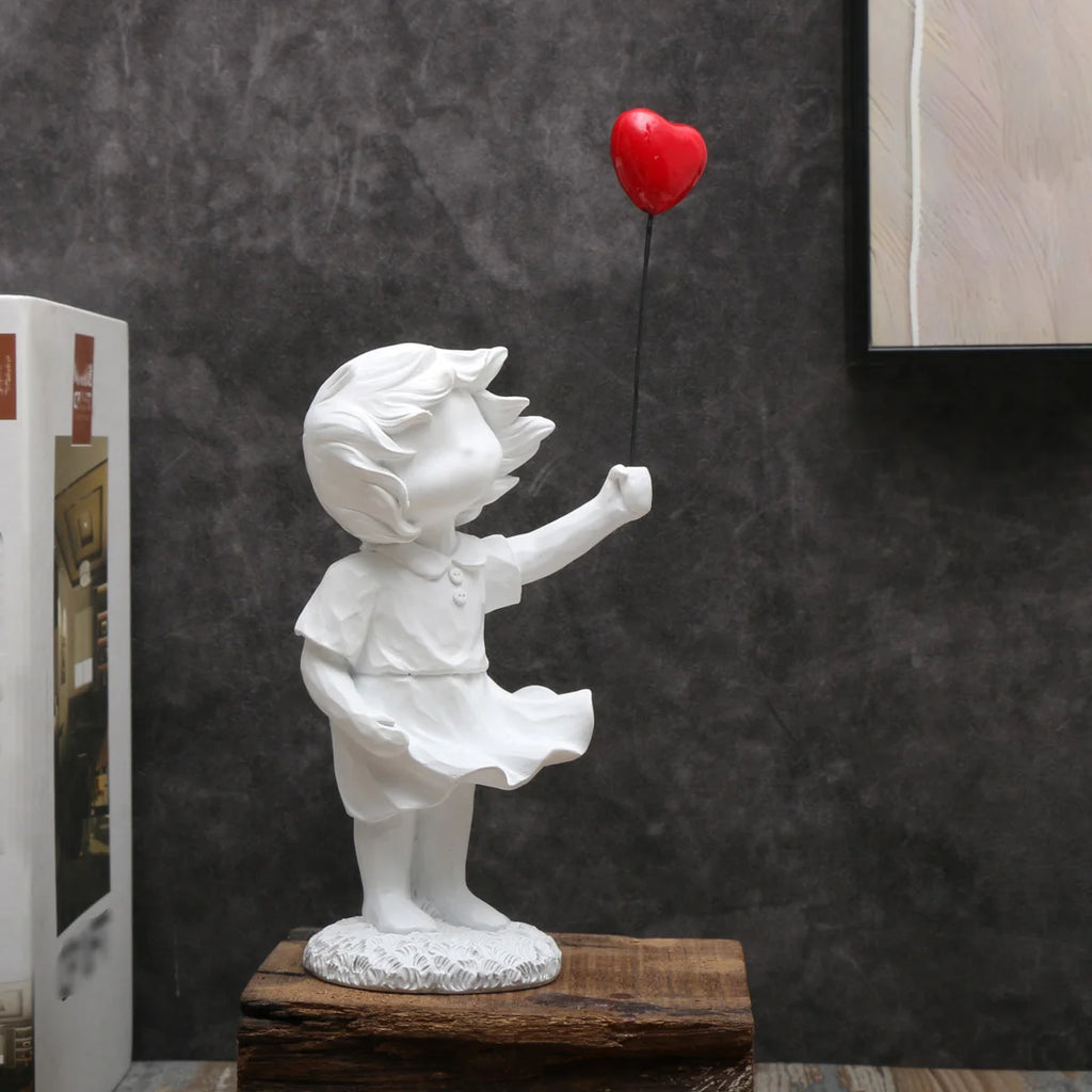 Heart Balloon Girl Sculpture – Modern Art Resin Statue Inspired Décor