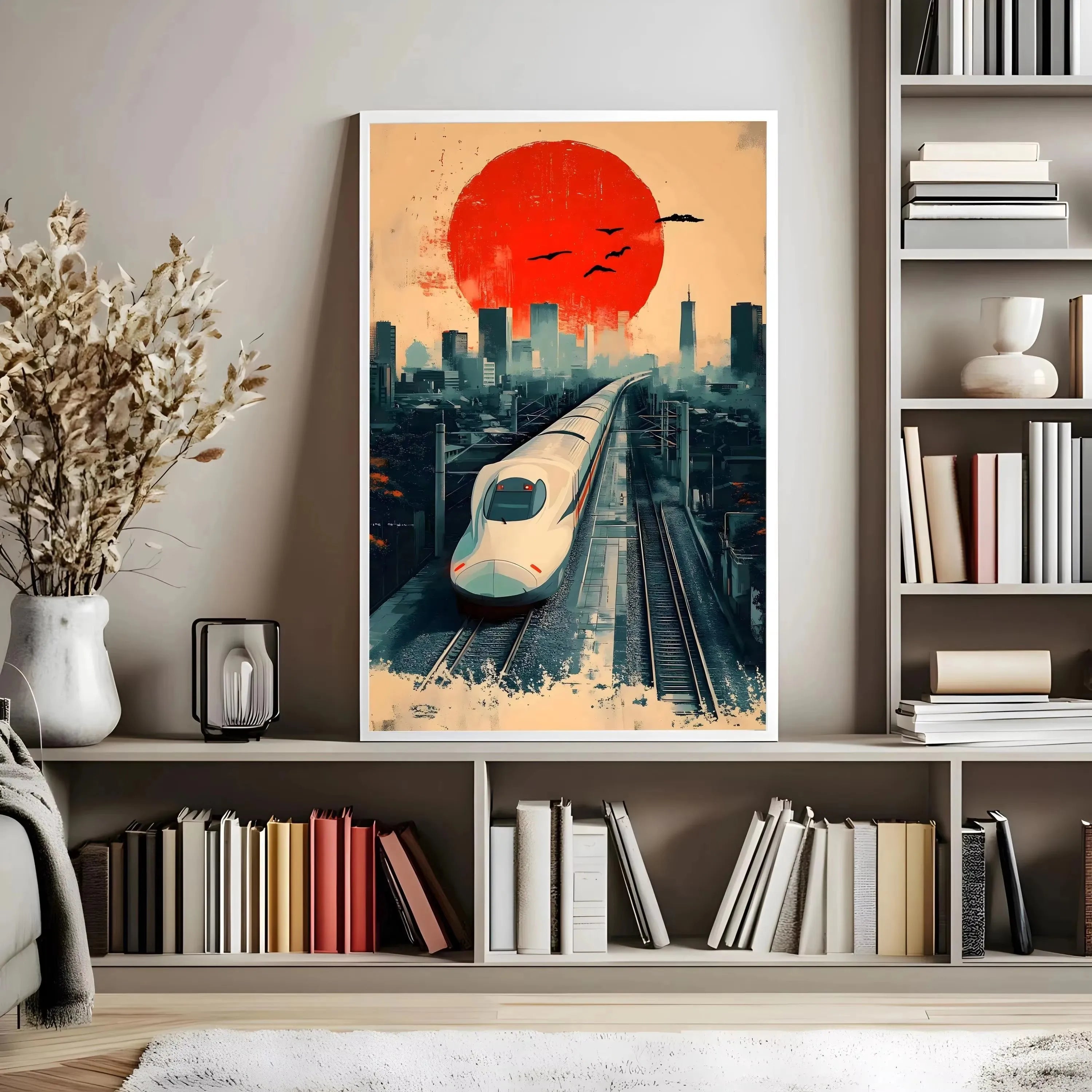 Retro Japanese Landscape Canvas Print – Asian Railway Wall Art for Modern Home Décor
