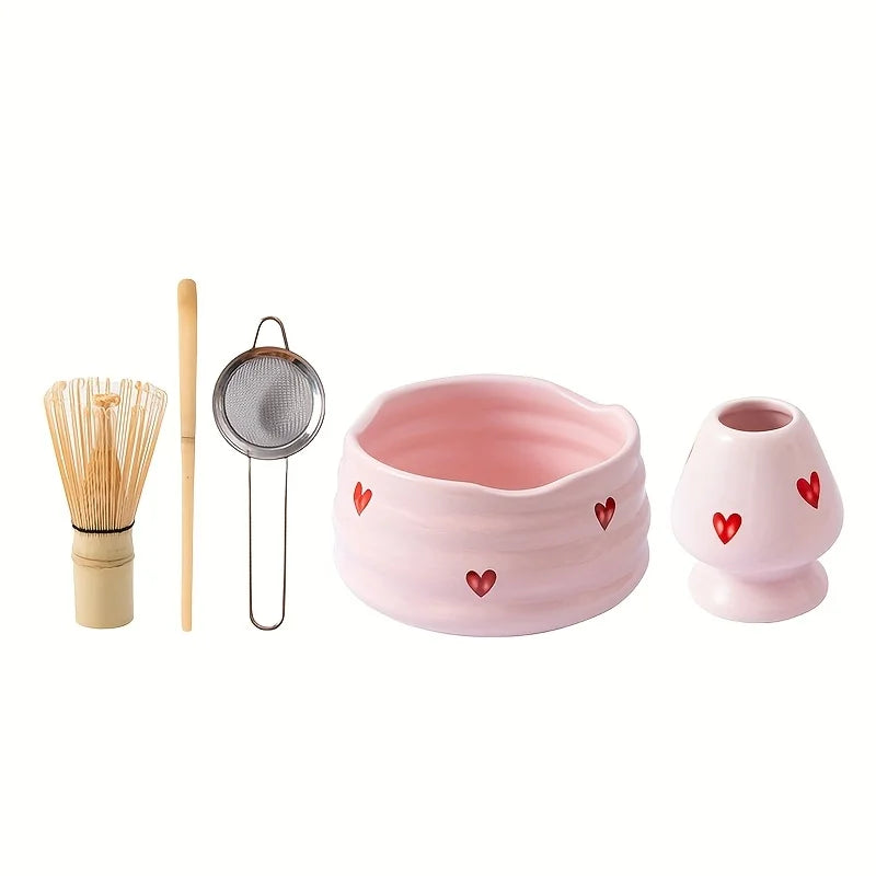 Pink Heart Matcha Set – 5-Piece Ceramic Matcha Bowl & Bamboo Accessories