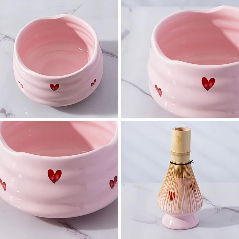 Pink Heart Matcha Set – 5-Piece Ceramic Matcha Bowl & Bamboo Accessories