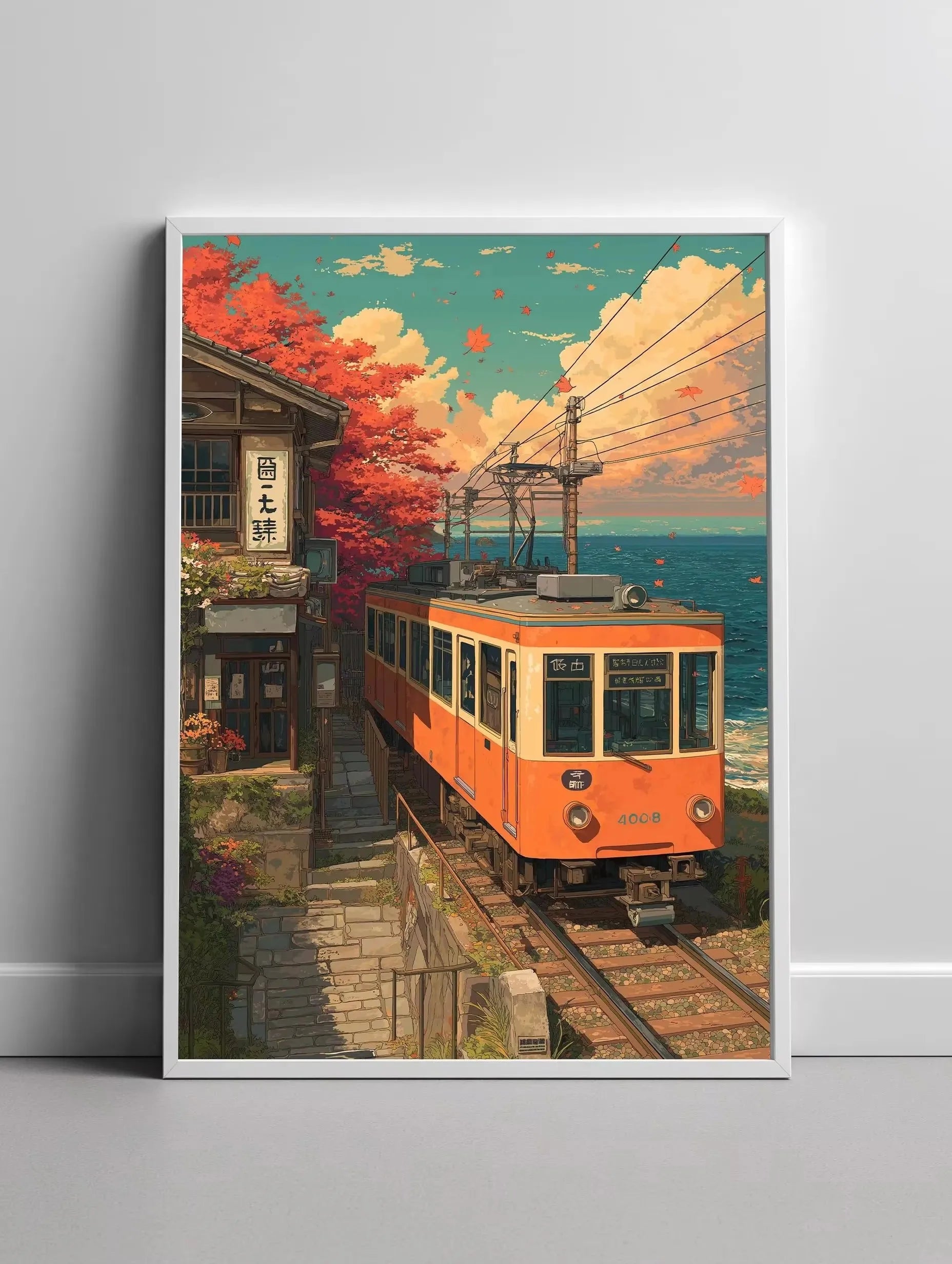 Retro Japanese Landscape Canvas Print – Asian Railway Wall Art for Modern Home Décor