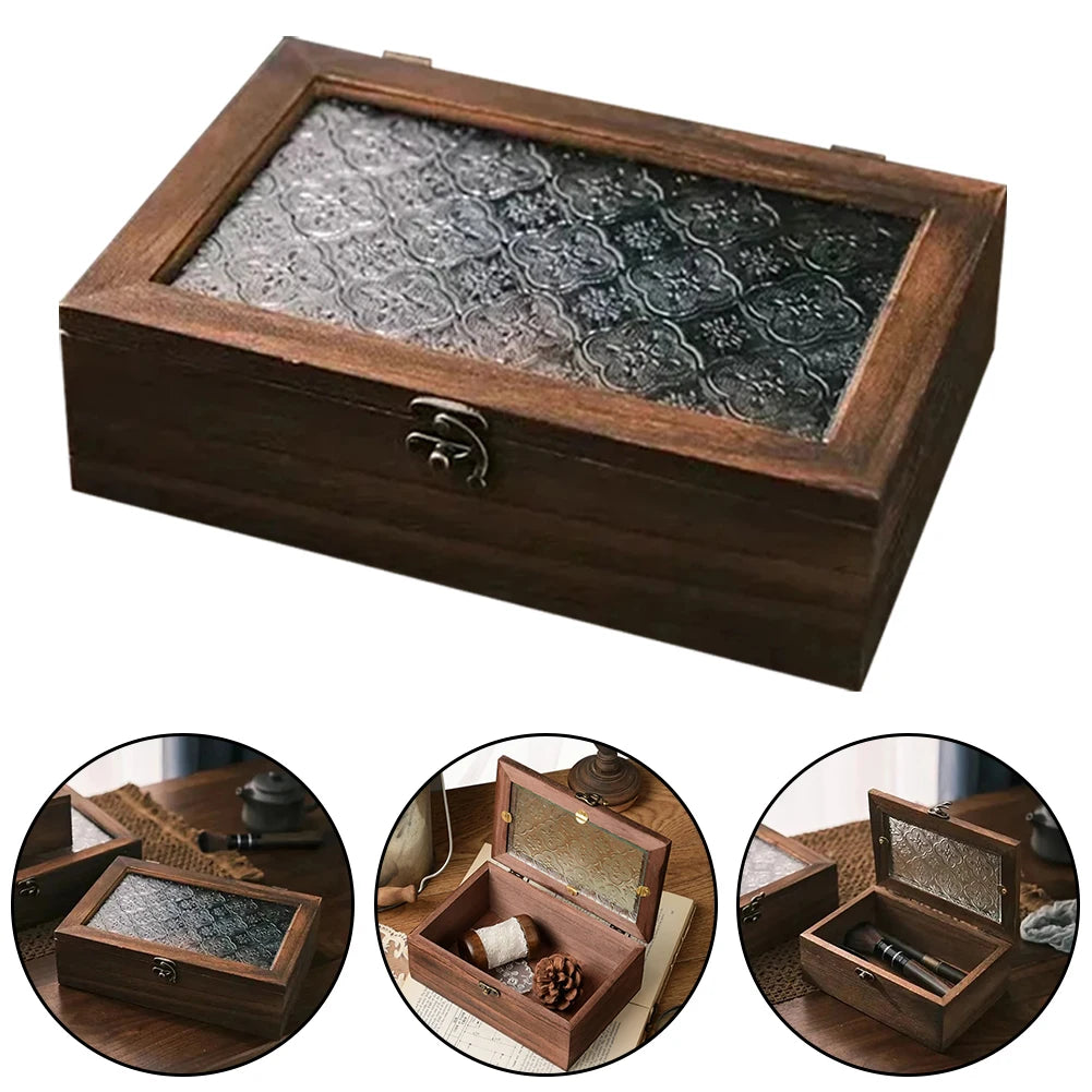 Homilly Vintage Wooden Storage Box – Nordic Glass Lid Organizer