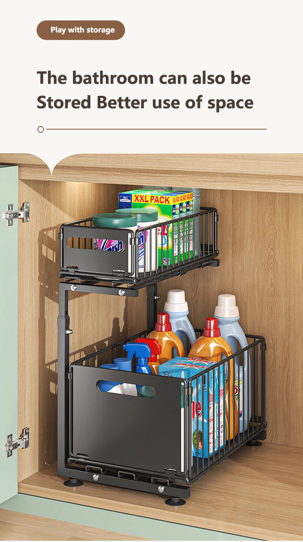 2-Tier Pull-Out Cabinet Organizer – Adjustable Under Sink Storage Rack