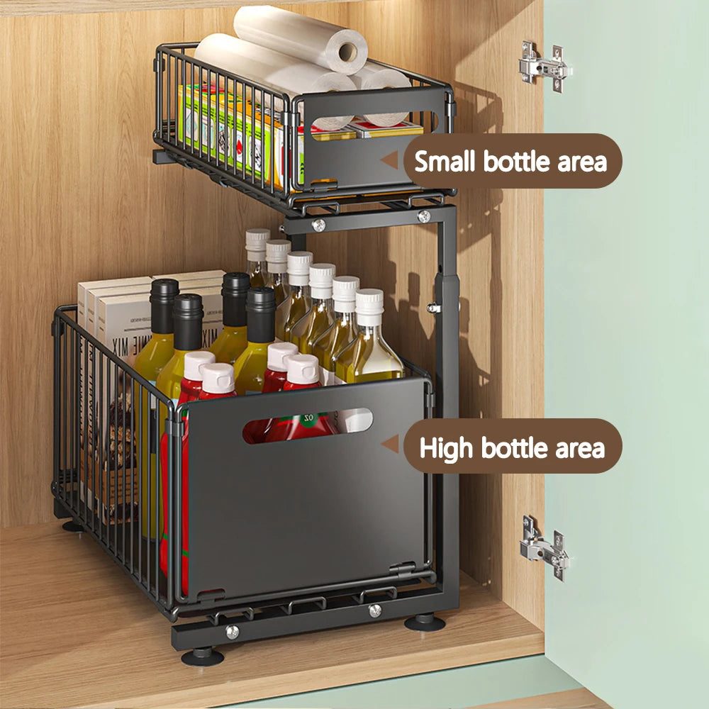 2-Tier Pull-Out Cabinet Organizer – Adjustable Under Sink Storage Rack