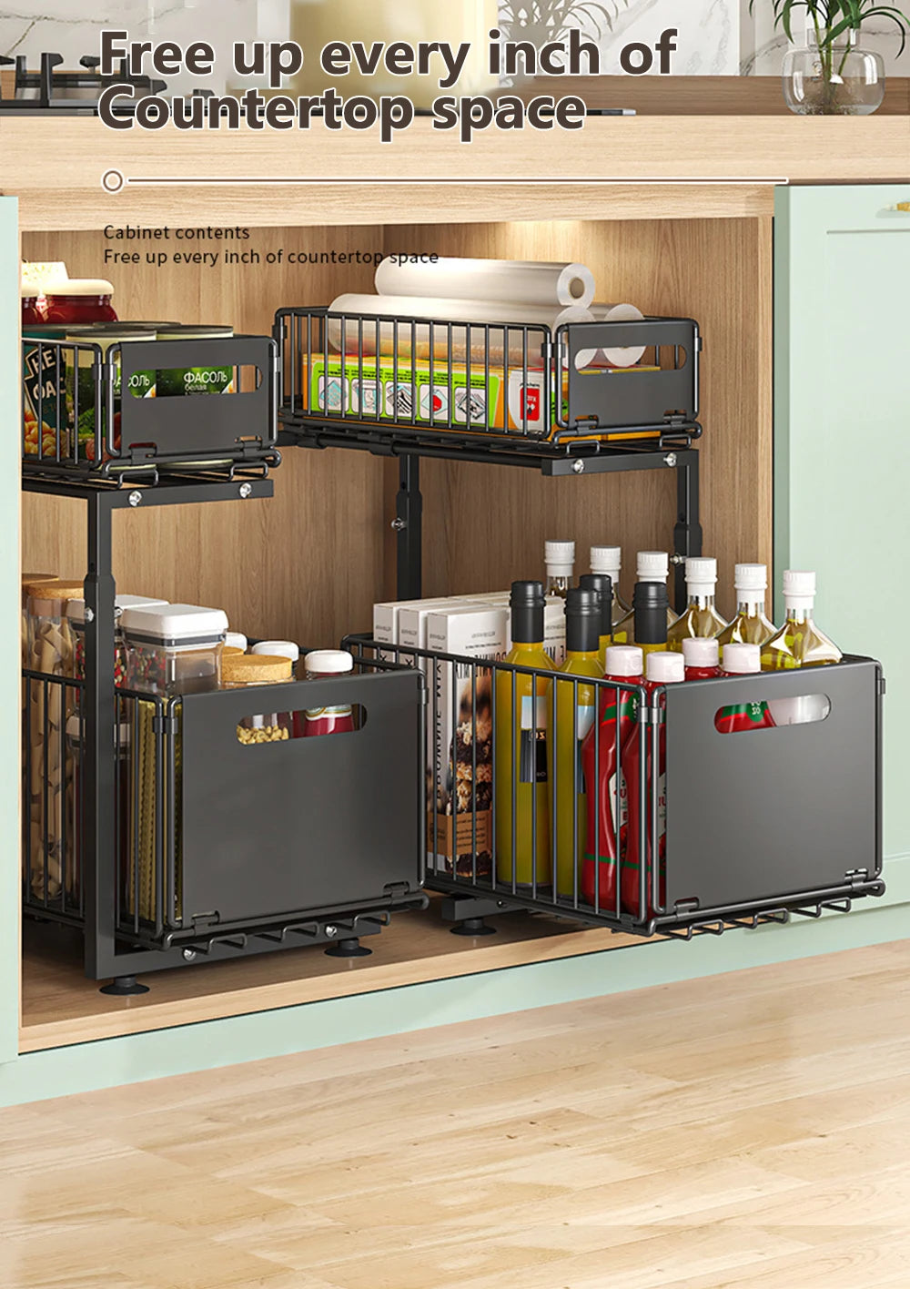 2-Tier Pull-Out Cabinet Organizer – Adjustable Under Sink Storage Rack