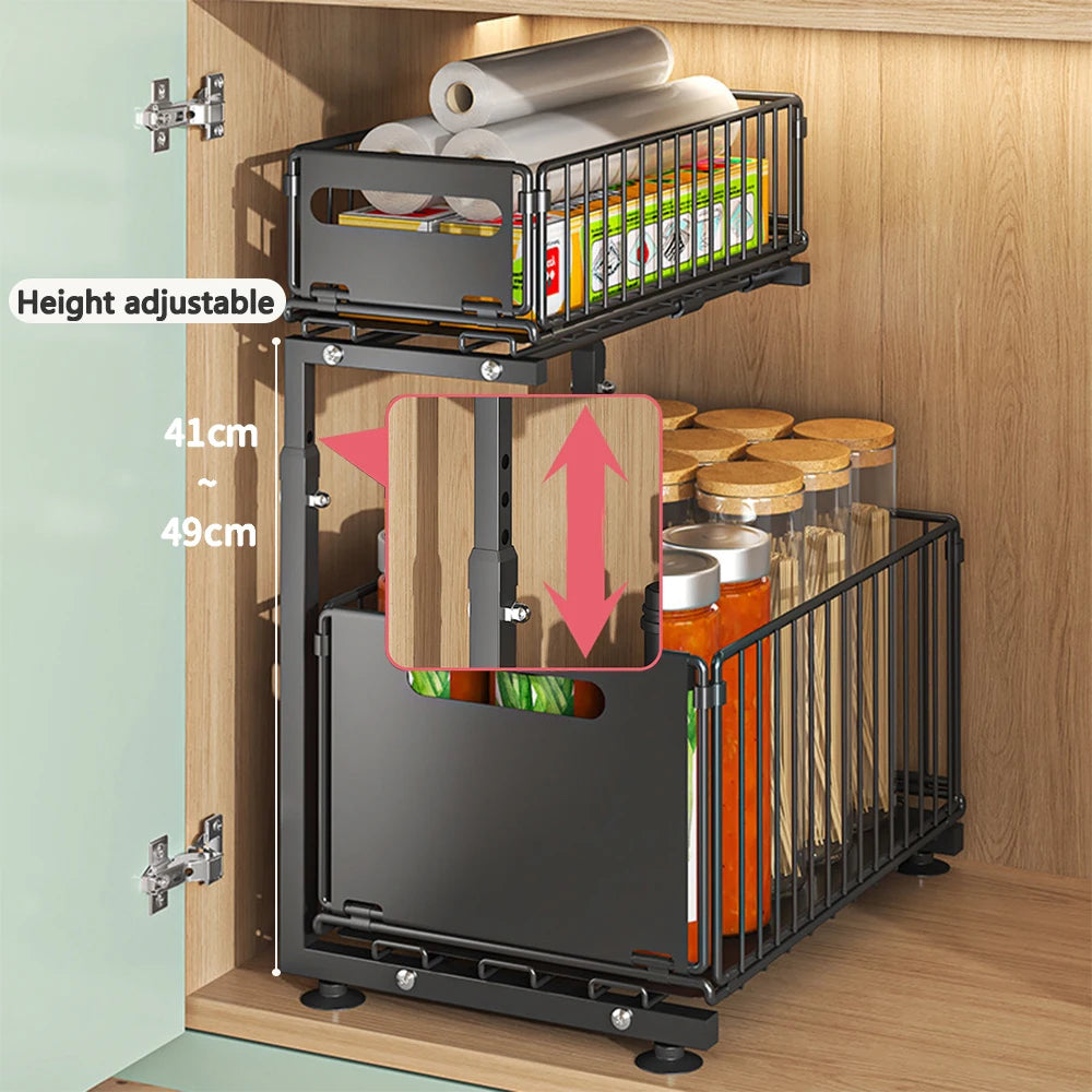 2-Tier Pull-Out Cabinet Organizer – Adjustable Under Sink Storage Rack