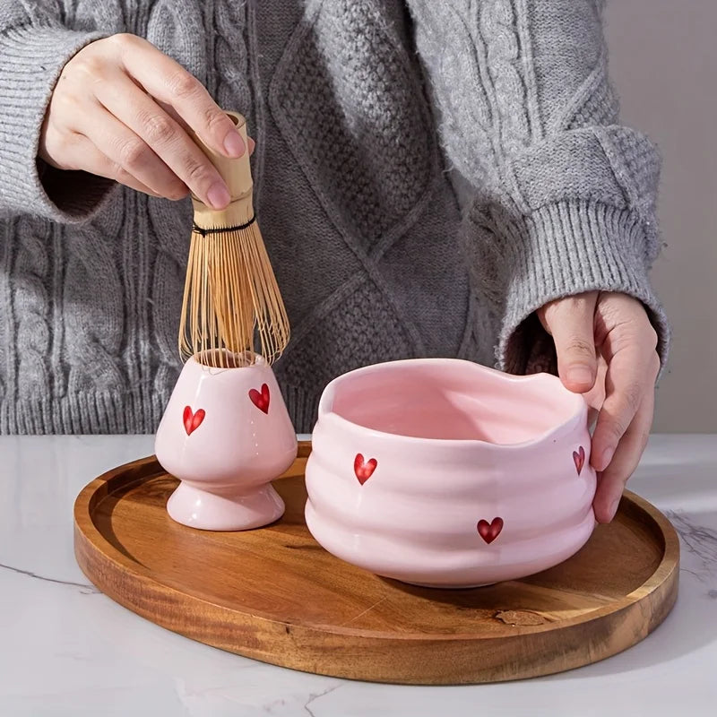 Pink Heart Matcha Set – 5-Piece Ceramic Matcha Bowl & Bamboo Accessories