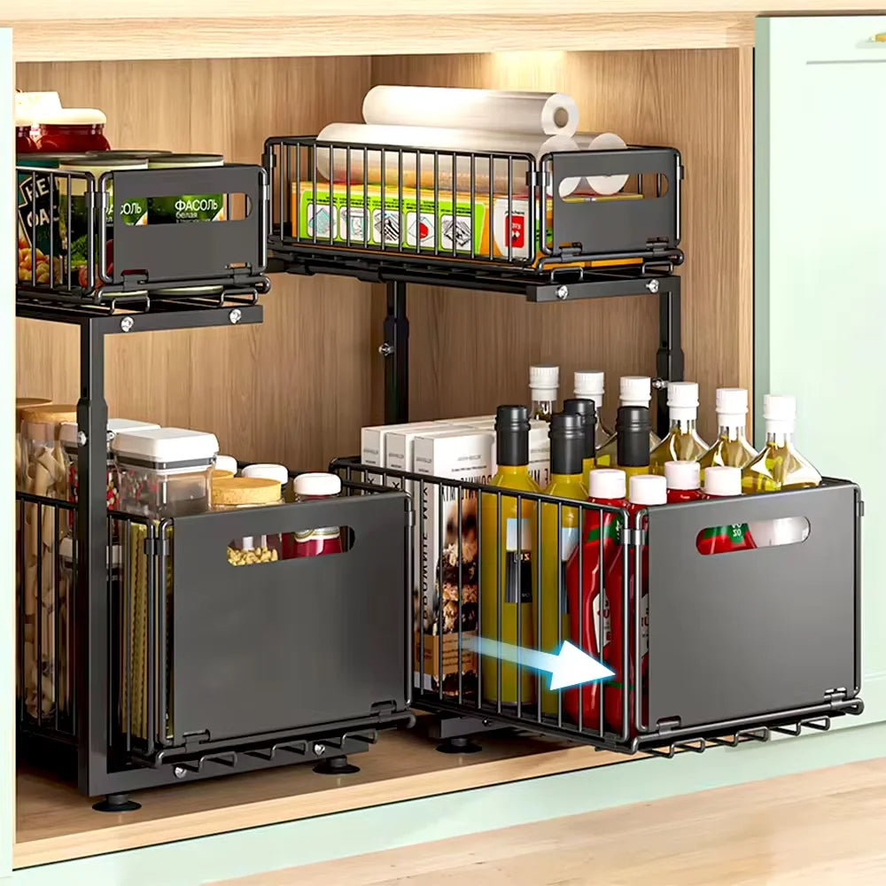 2-Tier Pull-Out Cabinet Organizer – Adjustable Under Sink Storage Rack