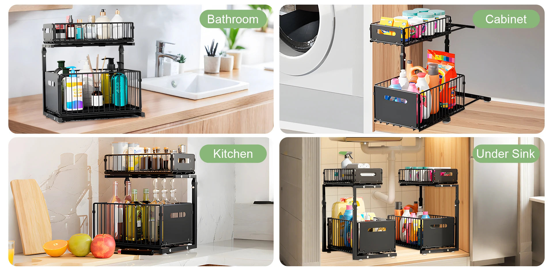 2-Tier Pull-Out Cabinet Organizer – Adjustable Under Sink Storage Rack