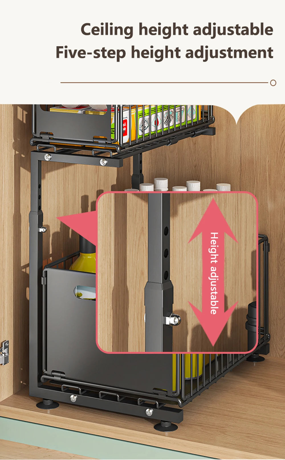 2-Tier Pull-Out Cabinet Organizer – Adjustable Under Sink Storage Rack
