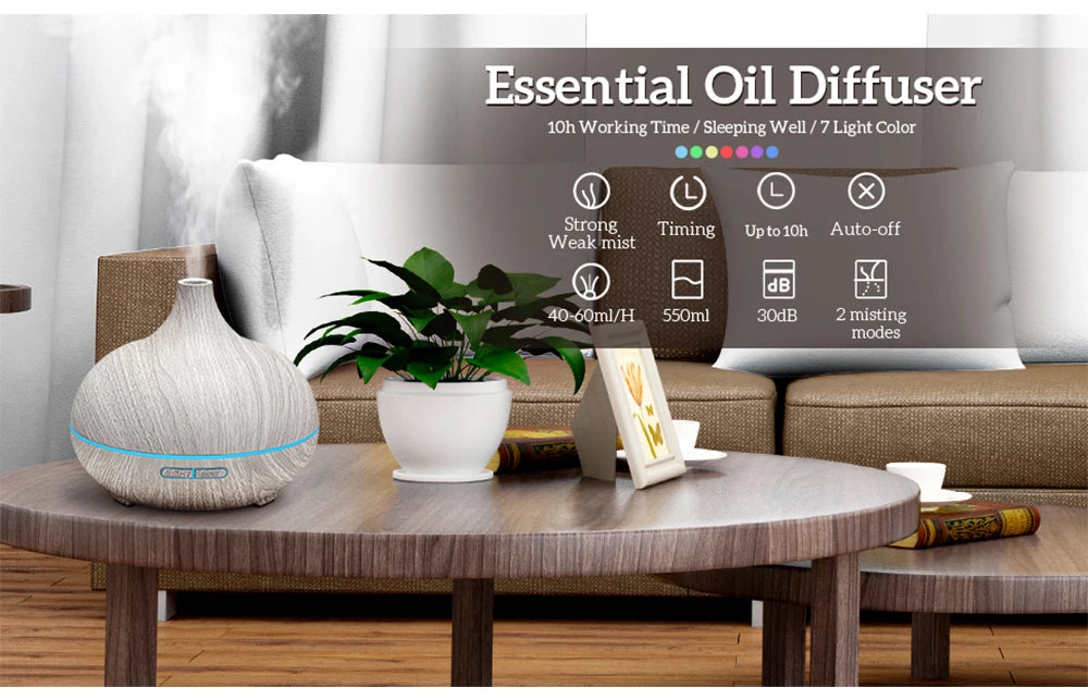 Premium Wood Grain Essential Oil Diffuser (500ml) – Ultrasonic Aromatherapy & Ambient Humidifier